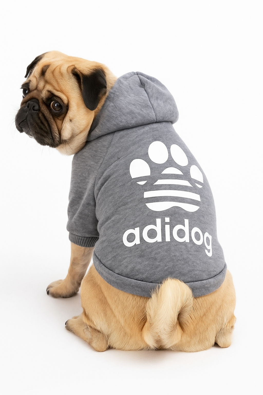Roupa de inverno cinza para cachorro, modelo Adidog com capuz