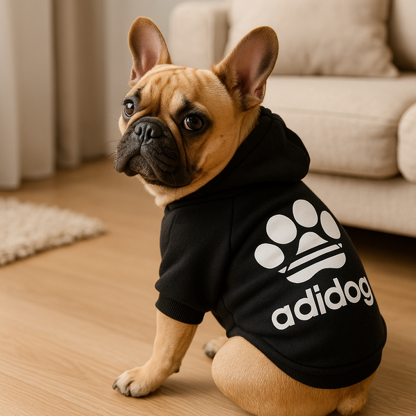 Moletom preto para cachorro Adidog com capuz, roupa pet de inverno